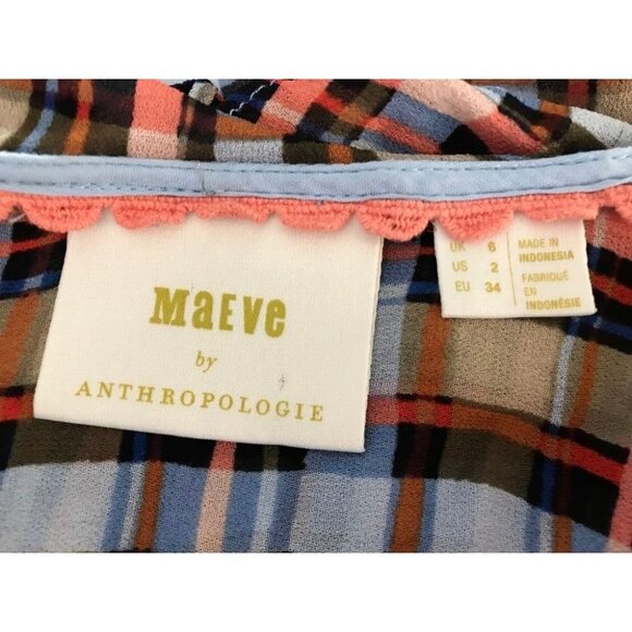 ANTHROPOLOGIE MAEVE Laila Long Sleeve Top Blouse Size 2 Plaid Chiffon Faux Wrap - Picture 8 of 10